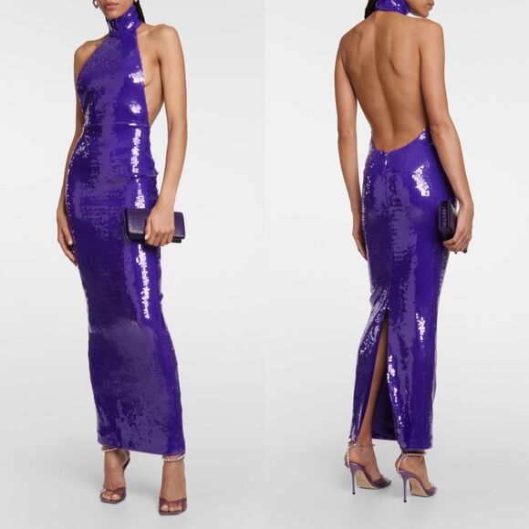 NWT LaQuan Smith Halter Open Back Sequin Bodycon Maxi Gown Grape Large $2550 - Picture 3 of 12